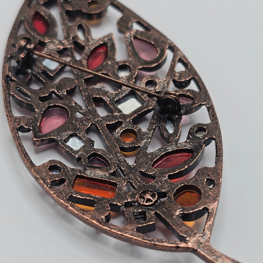 Vtg Leaf Brooch Pin Red Orange Copper Tone Rhinestone Autumn Fall Statement - Picture 11 of 15